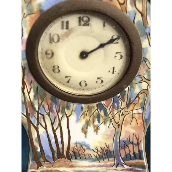 Vintage Landscape Painted Pottery Mantle Clock Germany Decor Art Nouveau